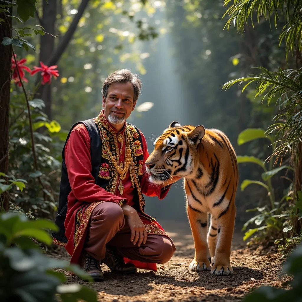 Prompt: @CXZg34fRltqBAJmMyl8r as a young indian prince petting a tiger