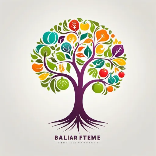 Prompt: (logo design), (abstract tree), vibrant colors, symbolic of life, vegetables of all kinds hanging, modern and fresh elements, clean lines, harmonious and playful composition, emphasizing global health, treasure theme, intricate details, engaging and appealing, nature-inspired aesthetics, professional quality design, ideally for branding impact, minimalistic background, fostering a sense of vitality and wellness.