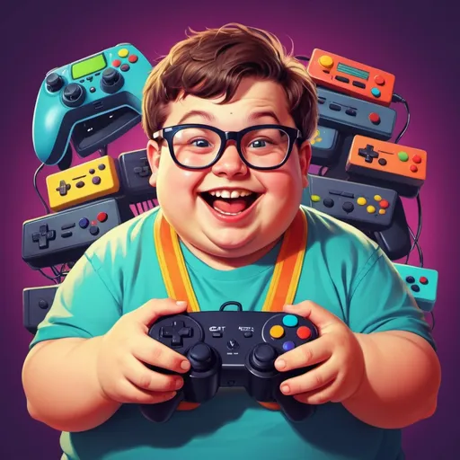 Prompt: Happy fat geek kid, digital illustration, glasses, retro video game controller, colorful gaming setup, joyful expression, high quality, cartoon, vibrant colors, cheerful lighting