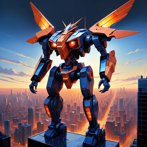 Prompt: Envision a colossal mecha soaring majestically above a sprawling metropolis, its sleek metallic frame glinting against the vibrant cityscape below. The mecha's singular red eye pulses ominously, casting an eerie glow that contrasts sharply with the warm lights of the buildings. The sun begins to dip below the horizon, painting the sky in hues of deep orange and indigo, creating a breathtaking backdrop. Wisps of clouds brush against its upper body, and the faint sound of the city’s evening hustle hums below. The mecha's powerful limbs are poised, suggesting fluid motion as if ready to dive into the bustling streets. Capture this thrilling moment in a cinematic render, emphasizing the dramatic lighting and shadows that add depth to the urban skyline.