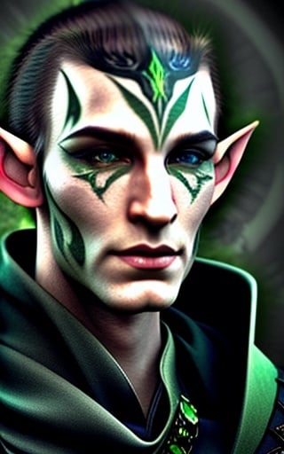Prompt: Male elf with a dark grey cloak and face tattoos, green eyes, headshot,black hair