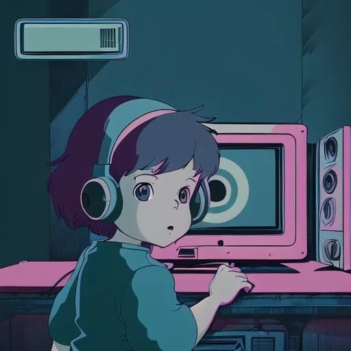 Prompt: An illustration of Child a radio with the same face on the screen, in the style of Contemporary Illustration and dramatic lighting with split toning and a dark color palette create a retrofuturistic moodboard. The 2D, flat design