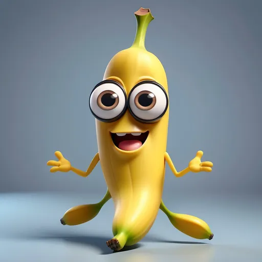 Prompt: Disney pixar character, 3d render style, Disney pixar character, A cute happy cartoon banana with big eyes and a smile . He has googly eyes and arms  cinematic colors, cinematic colors
