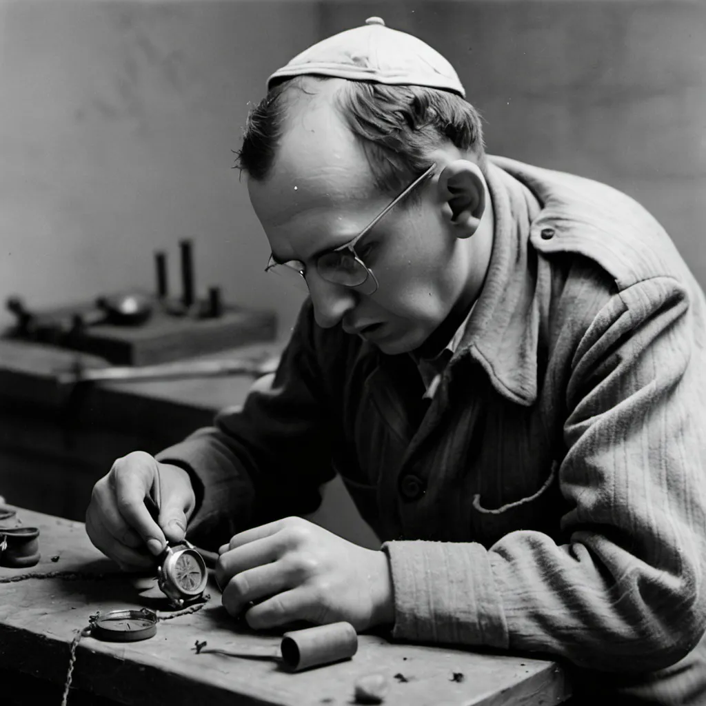 Prompt: holocaust prisoner working on a watch