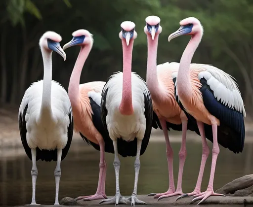 Prompt: Image description: A stunning visual representation of the top 5 largest birds in the world. The photograph showcases a majestic collection of giant birds, each one showcasing their unique characteristics and features. The image is a collage of five birds, with each bird taking center stage in its own section. From left to right, the birds depicted are:

The ostrich, the largest bird in the world, with its long neck and powerful legs.
The emu, a flightless bird with its distinctive brown plumage and long neck.
The cassowary, a large, flightless bird with its bright blue casque on its head.
The Chilean flamingo, a majestic bird with its pink feathers and striking orange beak.
The Dalmatian pelican, a large waterbird with its distinctive white and pink feathers and oversized beak.
The image is set against a clean and simple background, allowing the birds to take center stage. The lighting is bright and even, showcasing the unique textures and features of each bird. The overall effect is one of wonder and awe, as if the viewer is transported to a world where these incredible birds roam free."

Feel free to modify it to fit your specific needs!