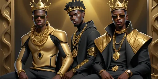 Prompt: two black men dressed in gold and black clothing and jewelry, one wearing a crown and the other wearing a gold chain, Cedric Seaut (Keos Masons), afrofuturism, highly detailed digital painting, a bronze sculpture