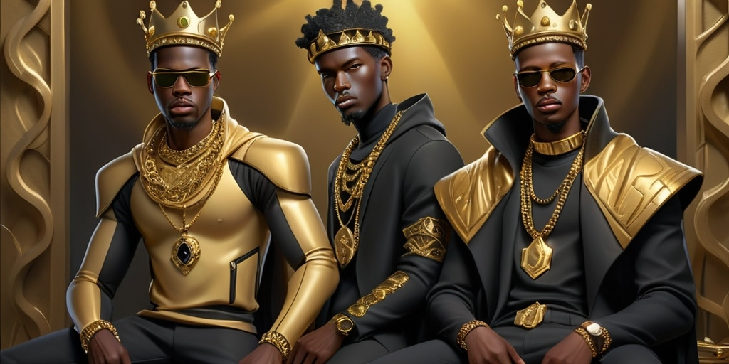 Prompt: two black men dressed in gold and black clothing and jewelry, one wearing a crown and the other wearing a gold chain, Cedric Seaut (Keos Masons), afrofuturism, highly detailed digital painting, a bronze sculpture