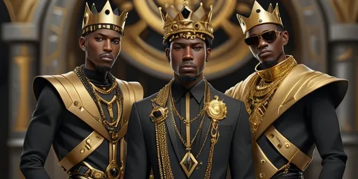 Prompt: two black men dressed in gold and black clothing and jewelry, one wearing a crown and the other wearing a gold chain, Cedric Seaut (Keos Masons), afrofuturism, highly detailed digital painting, a bronze sculpture