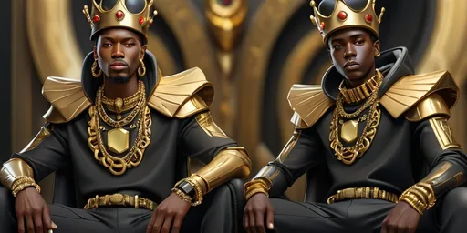 Prompt: two black men dressed in gold and black clothing and jewelry, one wearing a crown and the other wearing a gold chain, Cedric Seaut (Keos Masons), afrofuturism, highly detailed digital painting, a bronze sculpture