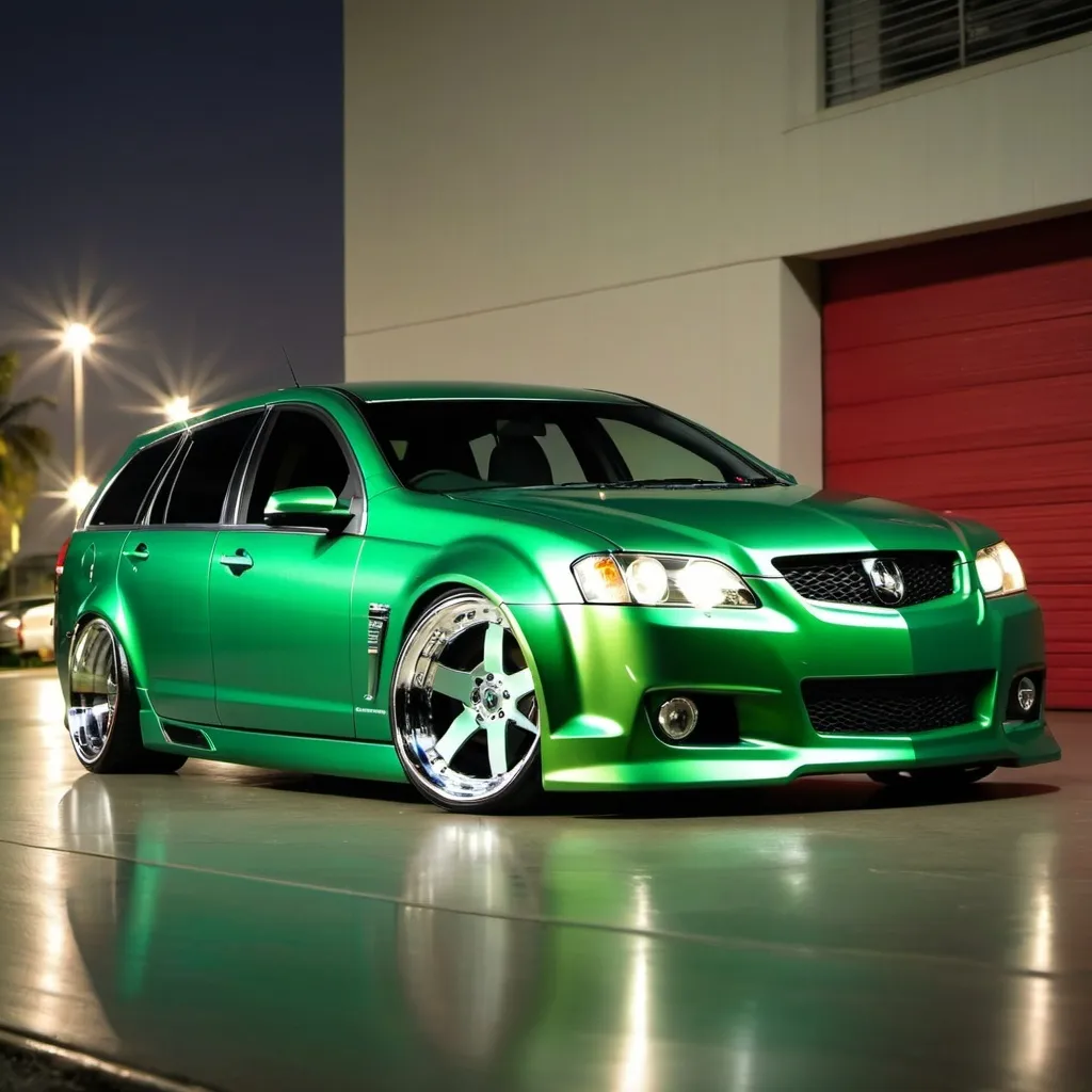 Prompt: Slammed Holden ve wagon, green glossy metallic finish, lights reflecting on the car, dynamic and sleek design, high quality, dynamic design