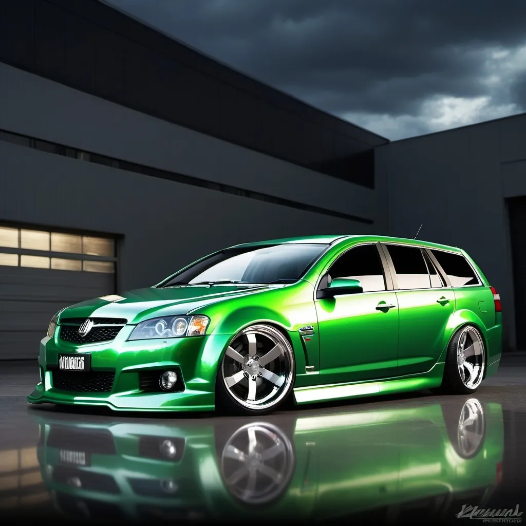 Prompt: Slammed Holden ve wagon, green glossy metallic finish, lights reflecting on the car, high quality