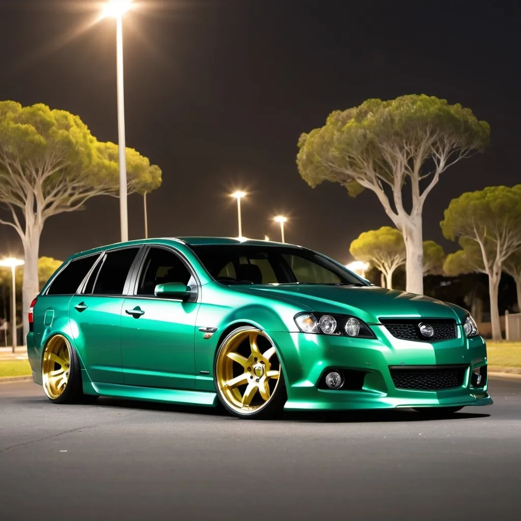 Prompt: Slammed Holden ve wagon, green glossy metallic finish, lights reflecting on the car, dynamic and sleek design, high quality, dynamic design and slammed Ford falcon fg blue with gold metallic 