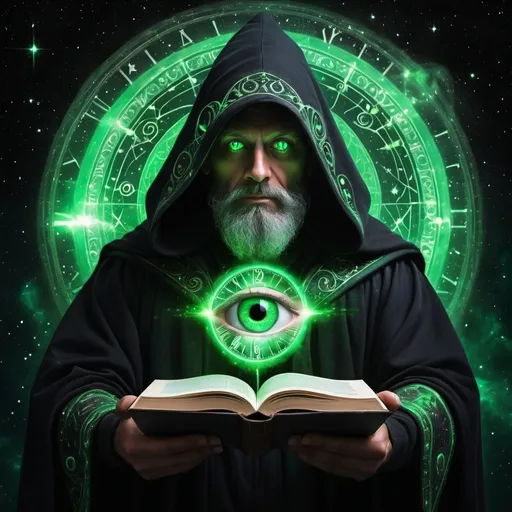 Prompt: Time being controlled by all seeing green eye Galaxy glowing black space wizard holding time and a book of life



