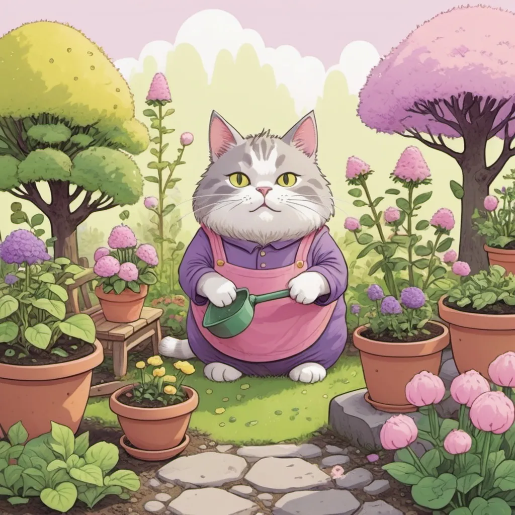 Prompt: Illustration showing Dwarvish looking cat trying to prepare his garden for spring, in cute style and colors (like yellow green, and light purple, and pink), like studio ghibli inspired