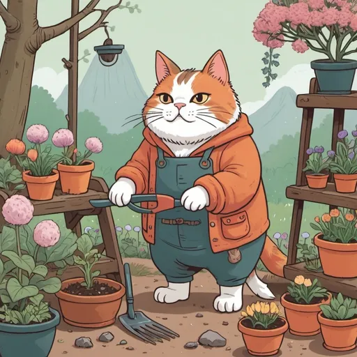 Prompt: Illustration showing Dwarvish looking cat trying to prepare his garden for spring, in cute style and colors, like studio ghibli inspired