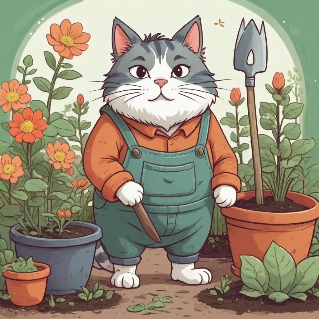 Prompt: Illustration showing Dwarvish looking cat trying to prepare his garden for spring, in cute style and colors, like studio ghibli inspired