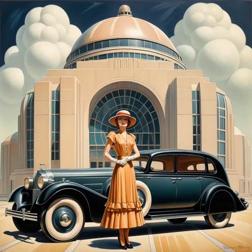 Prompt: a woman in a dress and hat standing next to a car with a dome in the background and a large building with a dome, Barron Storey, art deco, dieselpunk, an art deco painting