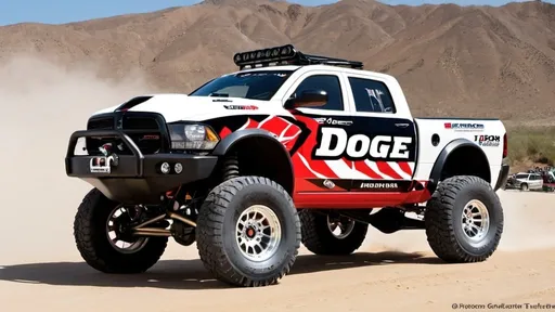 Prompt: The custom Dodge Truck TRX designed for racing in the Baja Mexico is a high-performance off-road vehicle specifically engineered to conquer the challenging terrain and extreme conditions of the Baja Peninsula. This specialized TRX has been meticulously modified to enhance its capabilities and durability for competitive racing in the demanding desert environment of Baja.

The exterior of the custom Dodge Truck TRX features a range of enhancements tailored for off-road racing, including a reinforced suspension system with extended travel, heavy-duty off-road tires, high-performance shock absorbers, and protective skid plates. These modifications are crucial for ensuring the truck's resilience and performance as it navigates the rugged landscapes and obstacles encountered during the Baja race.

Powered by a potent engine tuned for racing, the custom Dodge Truck TRX delivers impressive horsepower and torque to tackle the varied terrains and challenges of the Baja Peninsula. The engine is paired with a custom exhaust system that optimizes performance and provides the signature sound associated with high-performance off-road vehicles.

The interior of the custom Dodge Truck TRX racing vehicle is designed for both driver comfort and safety during the intense competition of the Baja race. Racing seats, harnesses, and a roll cage are incorporated to protect the driver in case of rollovers or impacts, while advanced navigation systems and communication equipment ensure the driver remains informed and connected throughout the race.

In conclusion, the custom Dodge Truck TRX built for racing in the Baja Mexico is a purpose-built off-road racing machine that combines rugged durability, high-performance engineering, and specialized modifications to excel in the demanding and iconic Baja race.