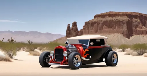 Prompt: description of the background settings outside for taking pictures of a street hot rod t bucket car: The hot rod car is parked in the middle of a vast and rugged desert landscape, with sandy dunes and rocky outcroppings stretching out as far as the eye can see. The car's black metallic body paint shimmers in the bright sunlight, with a deep luster that's accentuated by the ultra ultra HD, 4k, and 8k realistic view. The car's body frame is perfectly crafted, with smooth curves and lines that flow seamlessly from front to back. The engine is a work of art, with a chrome finish that gleams in the sunlight. The chrome rims are equally impressive, with a classic five-spoke design that complements the overall look of the car. The engine is well-detailed and in perfect condition, with all the necessary components in good working order. The flames coming out of the muffler add a touch of drama and excitement to the scene, with bright red flames that dance and flicker in the wind. The car's detailed paint job is a work of art, with intricate patterns and designs that are both stylish and eye-catching. The paint is flawless, with no blemishes or imperfections, and the ultra ultra HD, 4k, and 8k realistic view captures every detail and nuance of the car's appearance. Overall, the background settings outside for taking pictures of a street hot rod car in the desert are dramatic and visually stunning, with a rugged and natural beauty that complements the car's sleek and powerful appearance. The ultra ultra HD, 4k