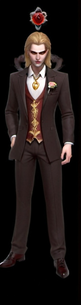 Prompt: a vampire male in a suit and tie with a flower on his lapel and a tie with a golden pendant on his lapel, vampire Overlord, dada, quality render, a character portrait, blonde hair and beard, vampire fangs, blue glowing eyes, vampire claws, black background, 3d model design concept art, HD, reign of vampires game style 