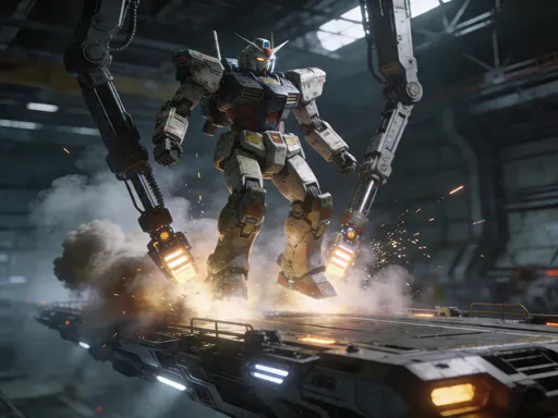 Prompt: a highly detailed Gundam launching from a futuristic mobile suit deck, giant hangar, catapult launch system, hydraulic arms, steam explosions, sparks flying, glowing panels, realistic metal textures, worn and battle-scarred armor, cinematic lighting, dramatic shadows, ultra realistic, 8k, depth of field, wide angle, epic composition