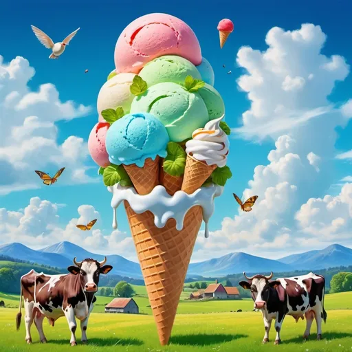 Prompt: Floating ice cream above many cows