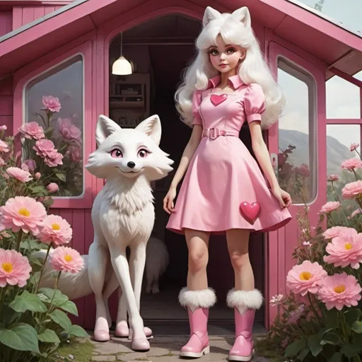 Prompt: A female character from the 70's, with big white hair, heart-shaped eyes, pink color in her features, slim figure, cute pink dress, white tall boots, pet fox, lives in a futuristic cottage alone, lots of flowers
