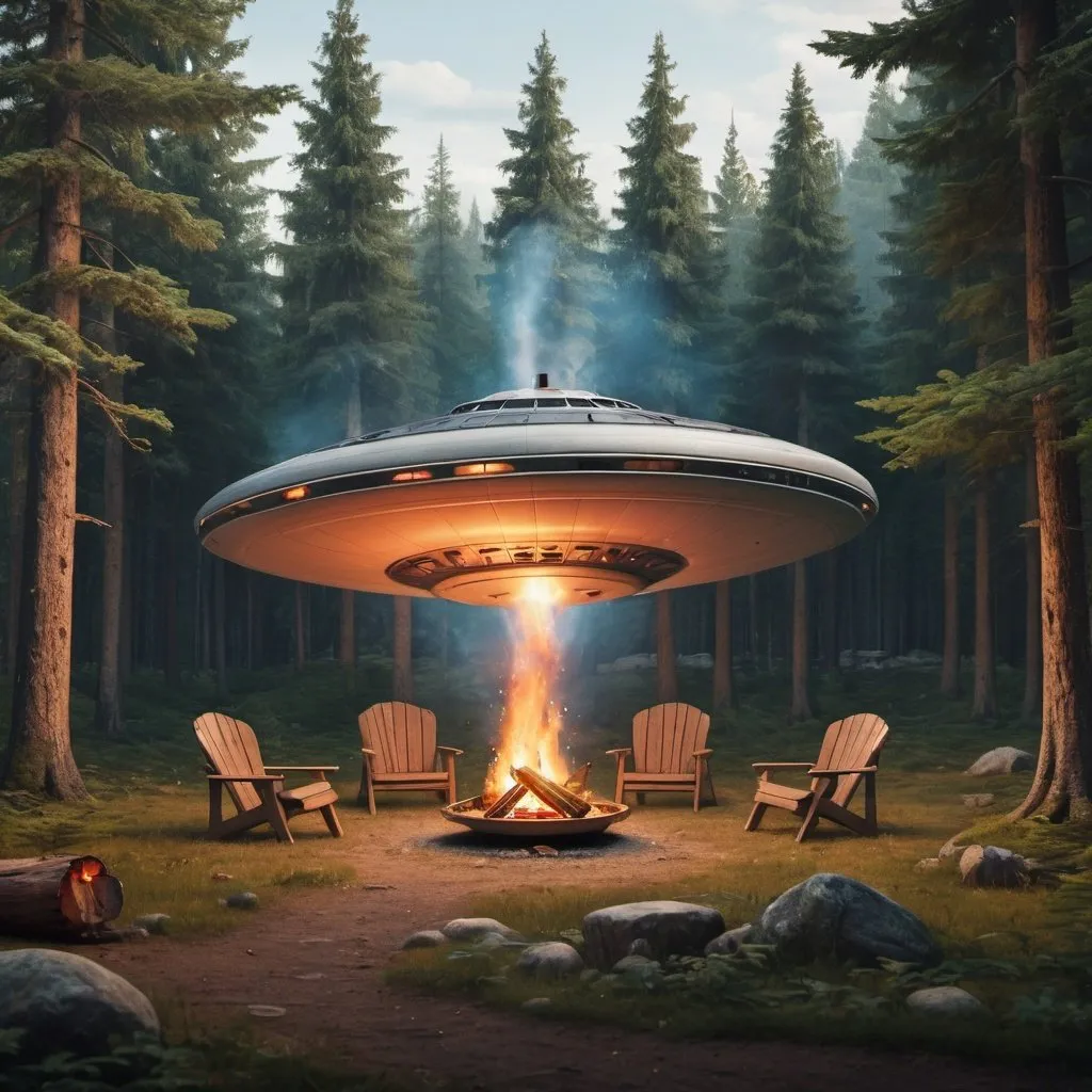 Prompt: A cabin in the forest, with a campfire and a flying saucer hovering above it