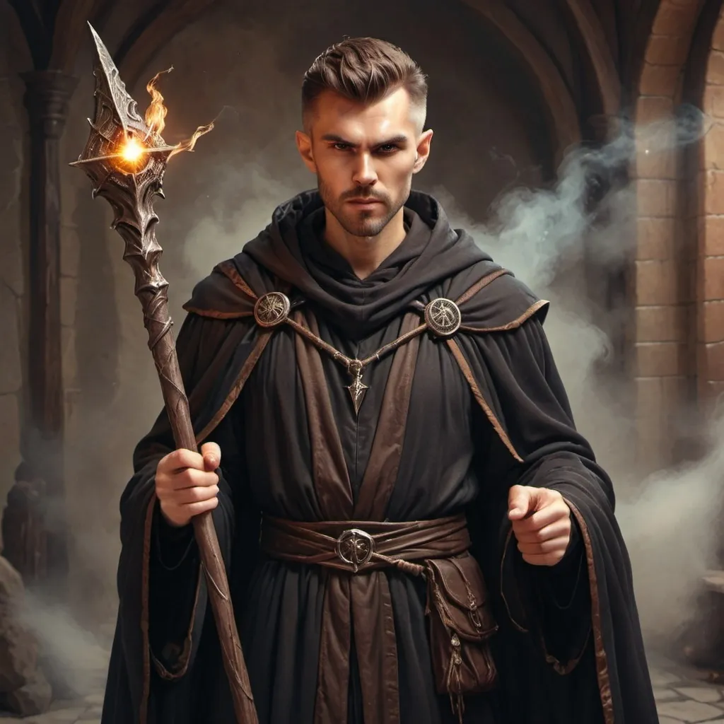 Prompt: hyper-realistic handsome guy evil wizards with black and brown robes, holding a powerful staff, fantasy character art, illustration, dnd, warm tone