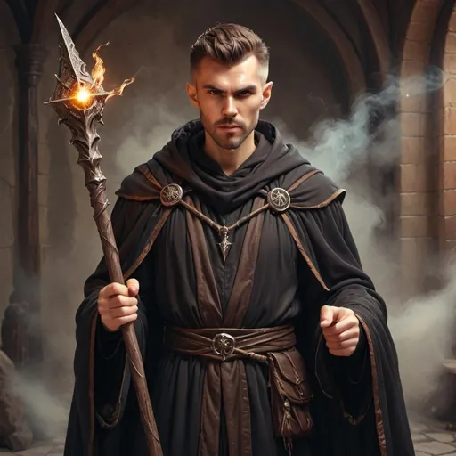 Prompt: hyper-realistic handsome guy evil wizards with black and brown robes, holding a powerful staff, fantasy character art, illustration, dnd, warm tone