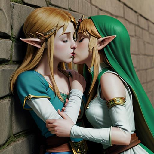 Prompt: Princess Zelda and Linkle from Legend of Zeld, lesbian kissing, leaned up against a wall, relaxed face, eyes closed. lustful desire. unreal engine art.