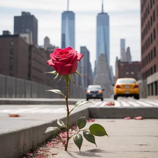 Prompt: leaning rose with thorns growing from concrete on a city street with new york city skyline in background