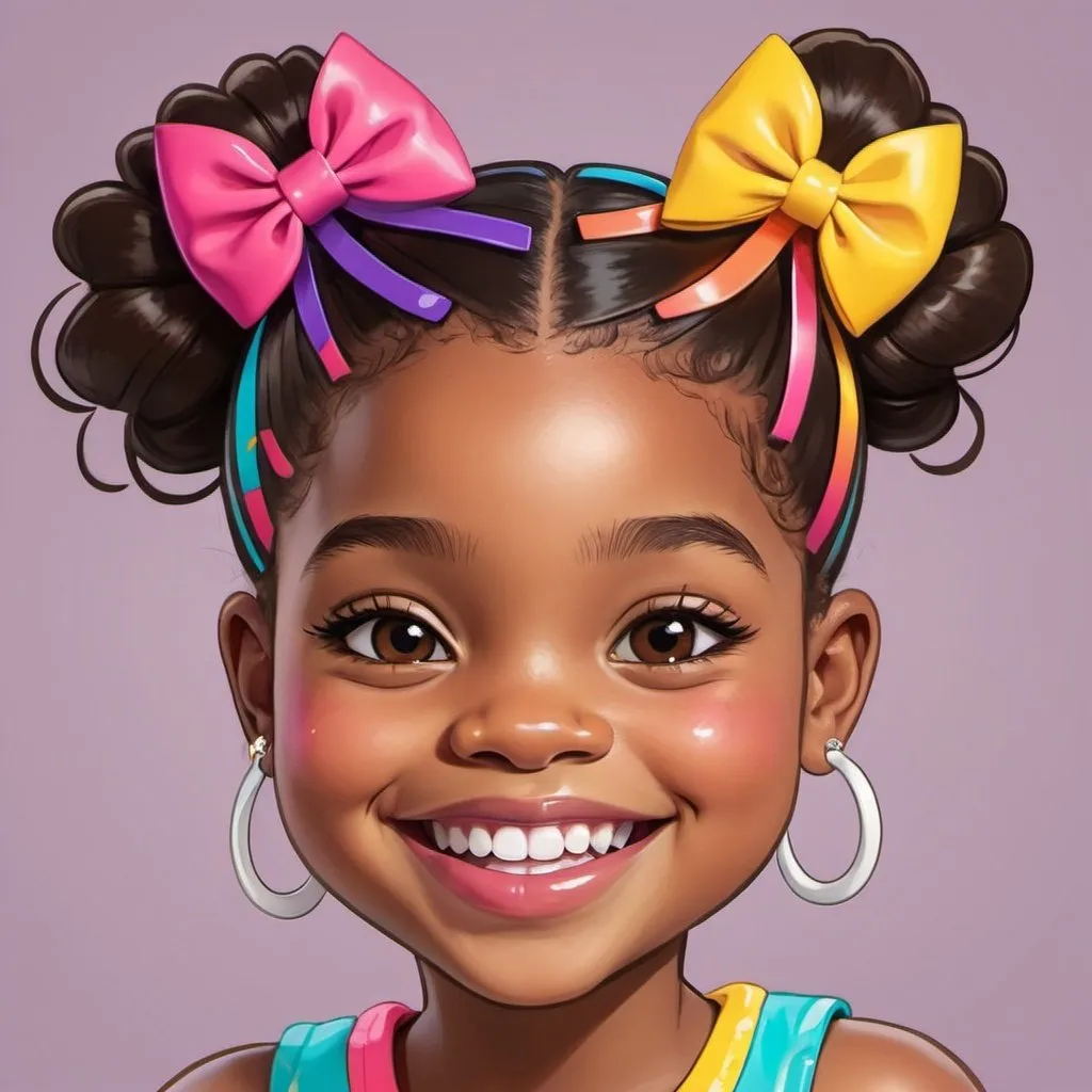 Prompt: modern cartoon version african american girl smiling with colorful barettes in her ponytails
