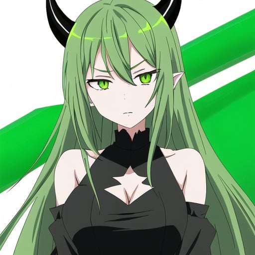Prompt:  Anime girl with green devil eyes long green hairs and black devil horns in black dress 