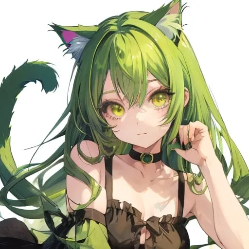 Prompt: Manga girl with green hairs and cat ears