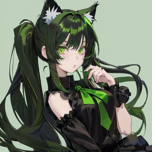 Prompt: Anime girl with greeen hairs and cat ears in black clothing 