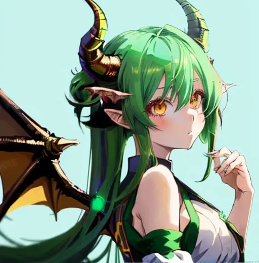 Prompt: Anime girl with greee hairs, horns, dragon tail and wings 