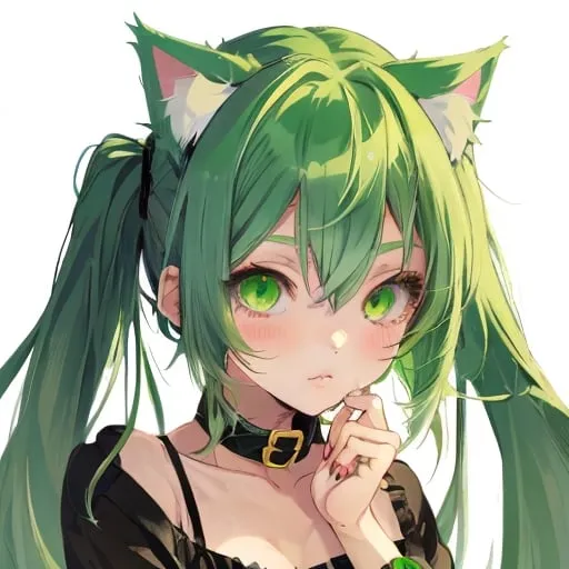 Prompt: Cute manga girl with green hairs and cat ears 
