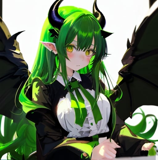 Prompt: Anime girl with greeen hairs, long devil horns and big black wings 