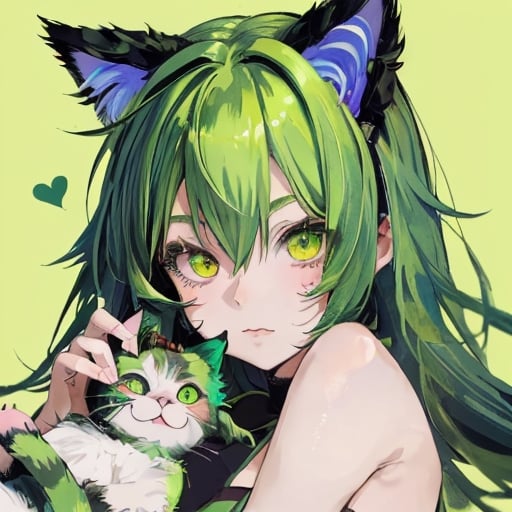 Prompt: Manga girl with green hairs and cat ears