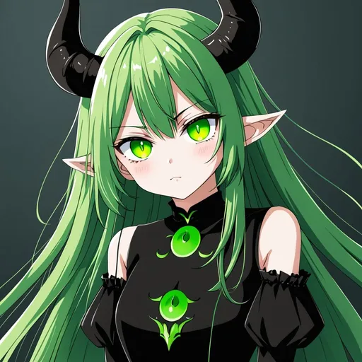 Prompt:  Anime girl with green devil eyes long green hairs and with big black devil horns in black dress 