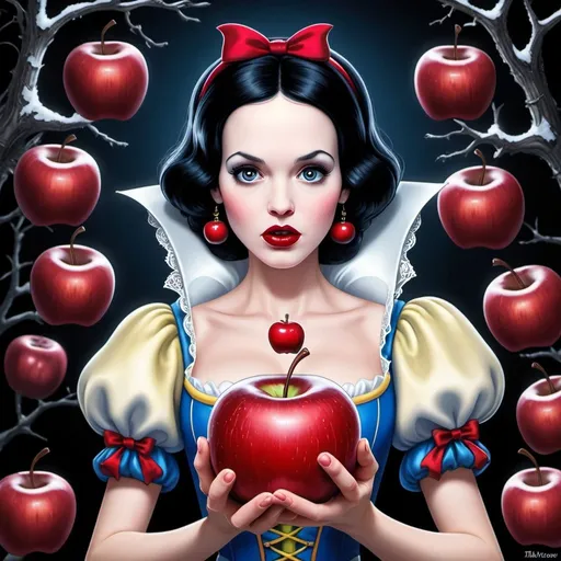 Prompt: snow white with poisoned apples drawn in Tim Burton style