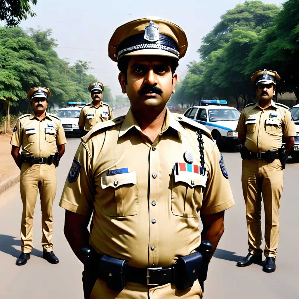 Prompt: a group of police officers standing in a row on a street with cars behind them and trees in the background, Bholekar Srihari, samikshavad, vfx, a character portrait