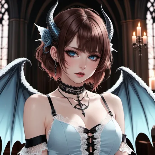 Prompt: anime, demoncore, animecore
girl, brown hair fading into ombre, icy blue narrowed eyes, rosy tinted liks
choker, elegant lace dress, black harness, small demonic wings, delicate demonic horns
snake like personality
fallen church