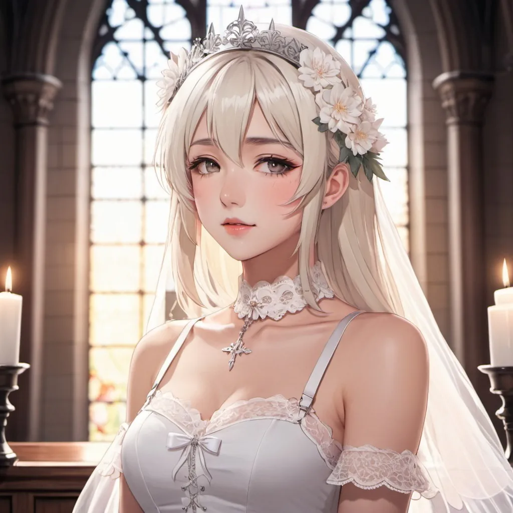 Prompt: anime, soft, drawing, angelcore, animecore
girl, blonde-silver hair fading into ombre, icy narrowed eyes, rosy tinted lips
choker, elegant lace dress, white harness, small angelic wings, delicate flower crown
church