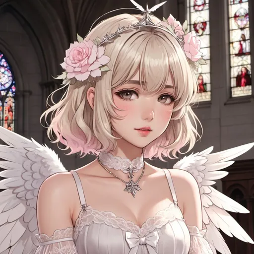 Prompt: anime, soft, drawing, angelcore, animecore
girl, short wavy hair with bangs, blonde-silver hair fading into ombre, icy narrowed eyes, rosy tinted lips
choker, elegant light lace dress, white harness, small angelic wings, delicate light pink flower crown
fallen church