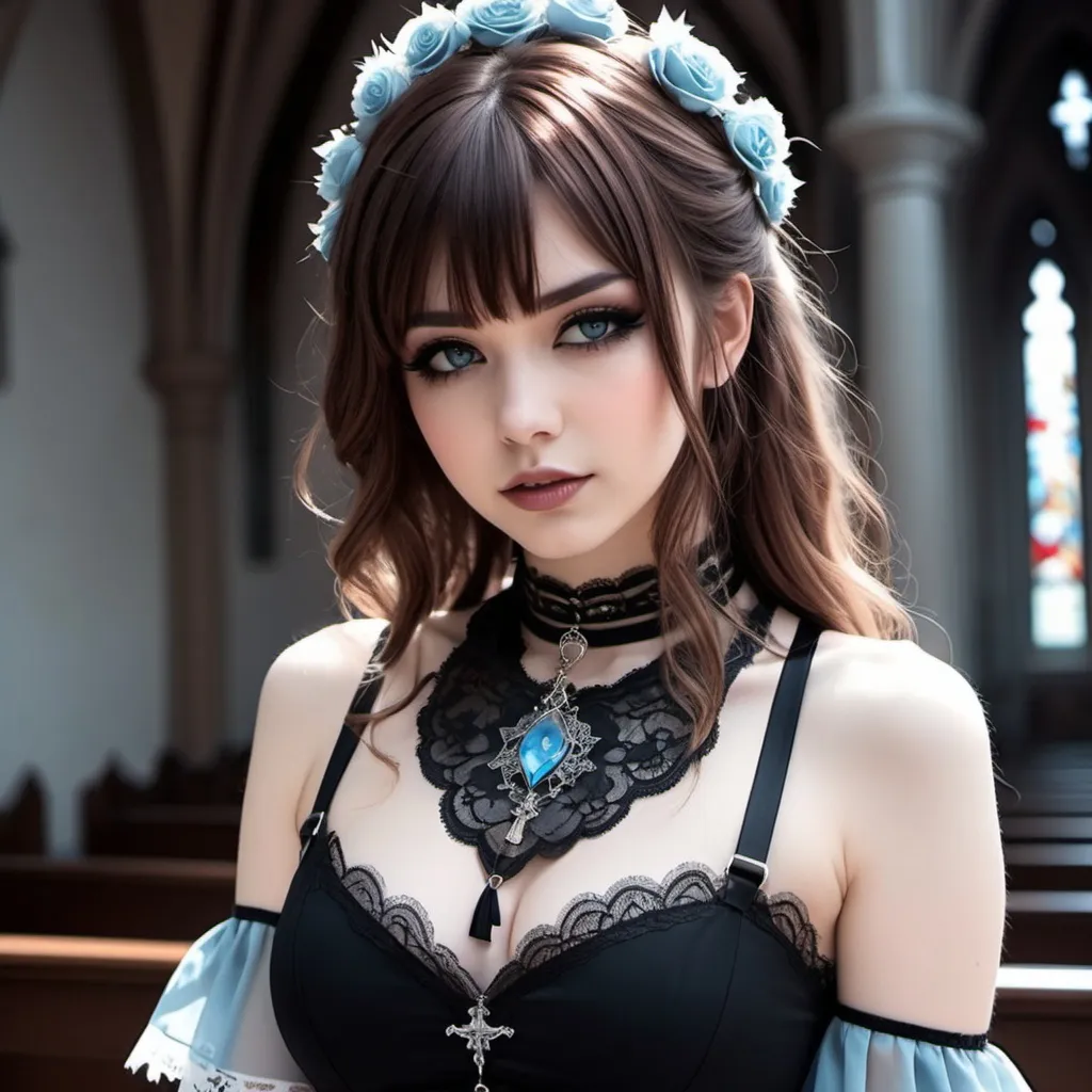 Prompt: anime, demoncore, animecore
girl, brown hair fading into ombre, icy blue narrowed eyes
choker, elegant lace dress, black harness
fallen church