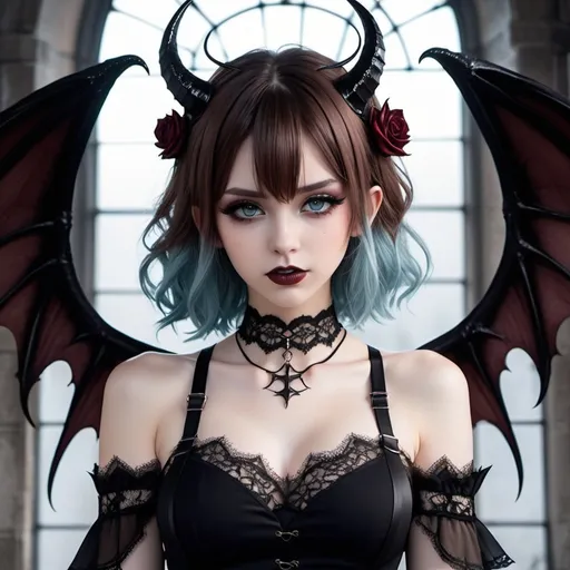 Prompt: anime, demoncore, animecore
girl, brown hair fading into ombre, icy blue narrowed eyes, rosy tinted liks
choker, elegant lace dress, black harness, small demonic wings, delicate demonic horns
fallen church