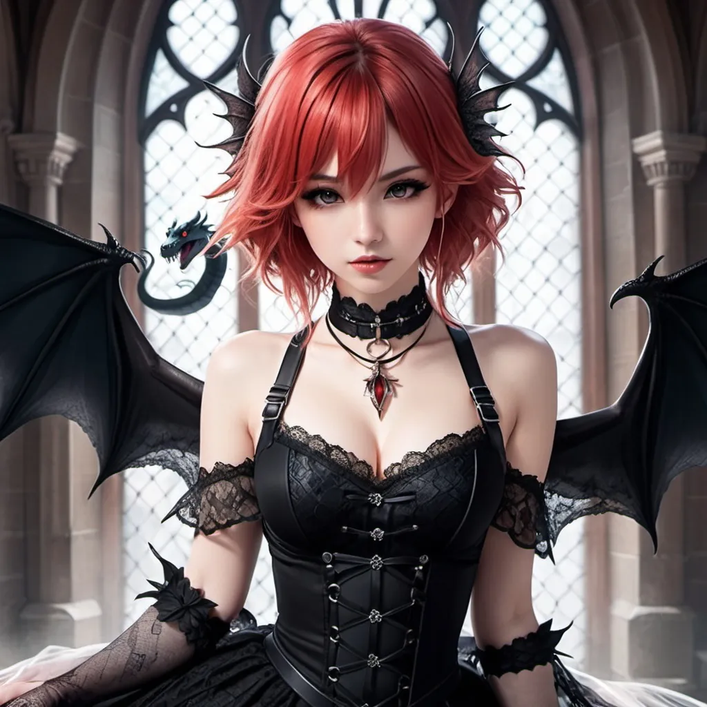 Prompt: anime, dragoncore, animecore
girl, scarlet hair fading into ombre, icy narrowed eyes, rosy tinted lips
choker, elegant lace dress, black harness, small dragon wings, tail
snake like personality
fallen church