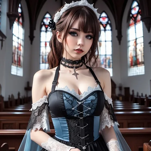 Prompt: anime, demoncore, animecore
girl, brown hair fading into ombre, icy blue narrowed eyes
choker, elegant lace dress, black harness
fallen church